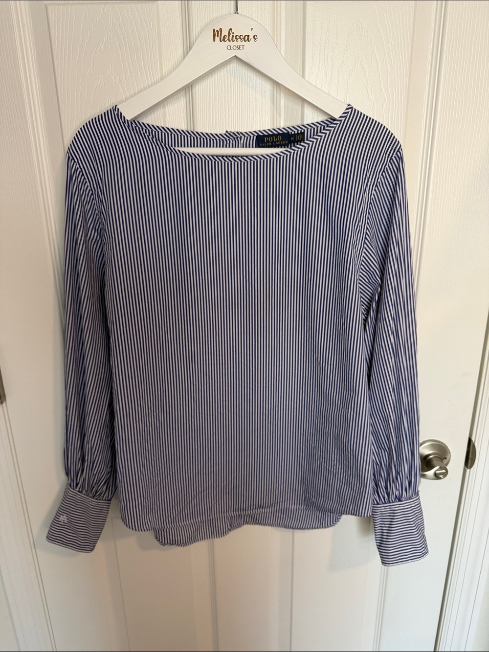 Polo Ralph Lauren blue & white Bengal Stripe Cotton Boatneck Blouse 100% cotton
